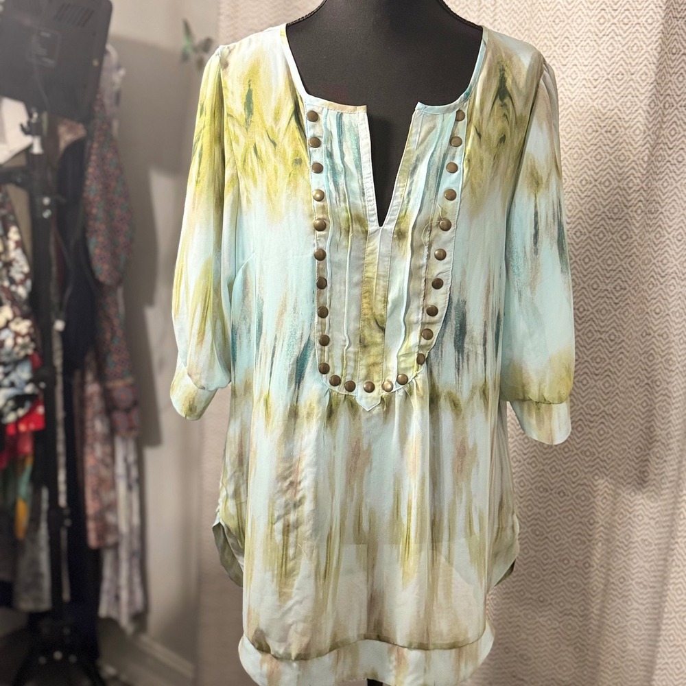 Fresh Brewed Women Tie Dye Studded V-Neck Tunic Blouse Blue Green Large